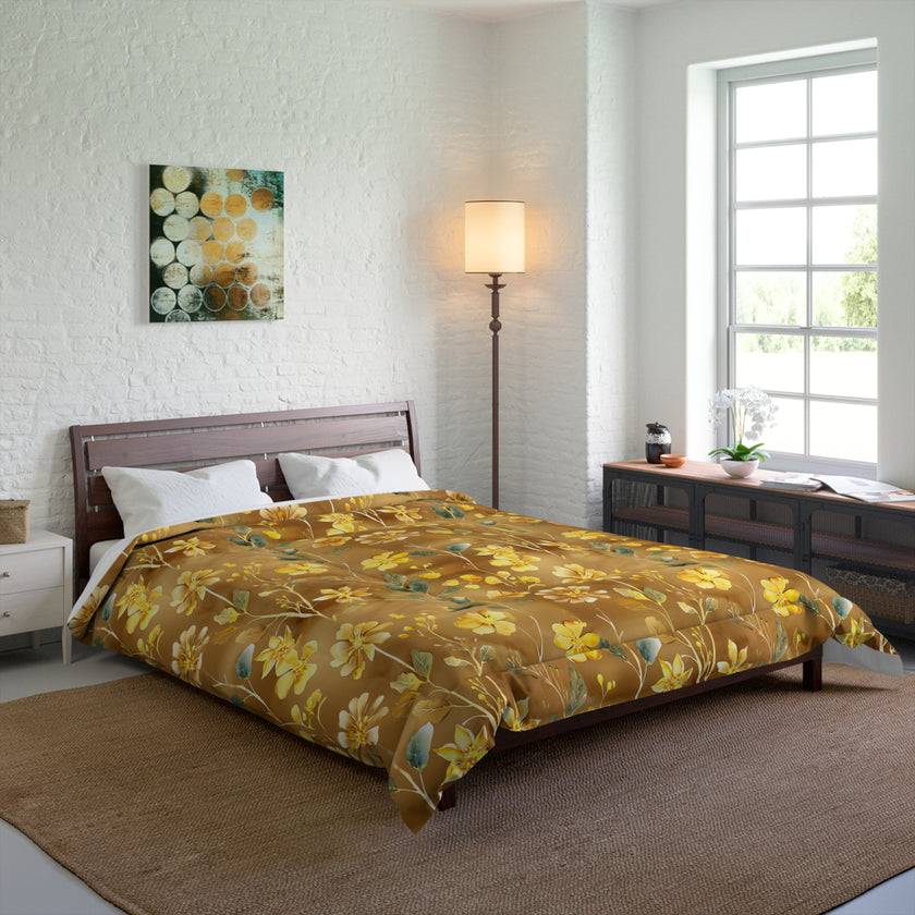 Floral Comforter, Cozy Botanical Quilt for Bedroom, Elegant Bedspread for Spring, Gift for Flower Lovers, Home Decor, Yellow Flower Bedding
