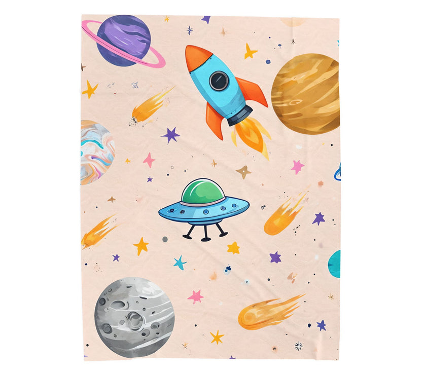 Kids Space Ship Rocket Moon Velveteen Plush Blanket - Children's Bedroom Decor, Outer Space Theme, Galaxy Nursery Bedding, Celestial Throw