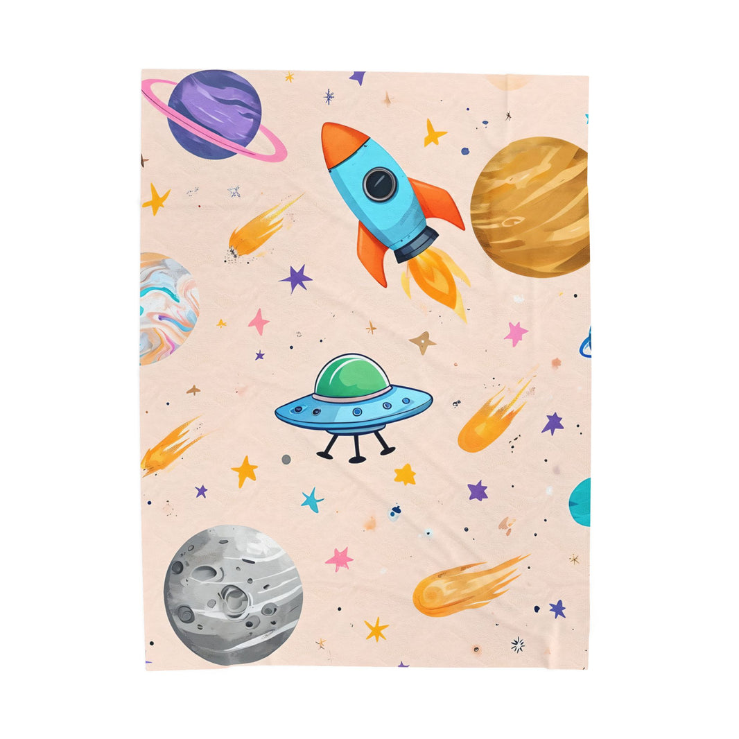 Kids Space Ship Rocket Moon Velveteen Plush Blanket - Children's Bedroom Decor, Outer Space Theme, Galaxy Nursery Bedding, Celestial Throw
