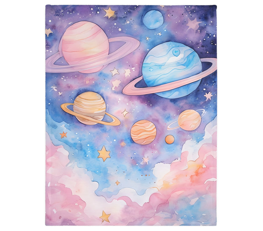 Kids Blanket, Velveteen Microfiber Blanket with Planet Moon and Stars Design - Two-sided Print, Children's Throw, Outer Space Bedding,