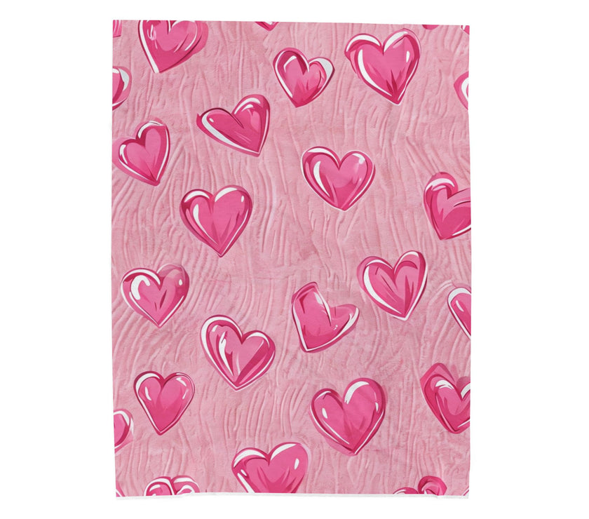 Velveteen Plush Blanket - Pink Hearts Cozy Throw, Warm Snuggle Quilt, Soft Fleece Bedspread, Comfy Bedding Cover, Lovely Valentine's Day