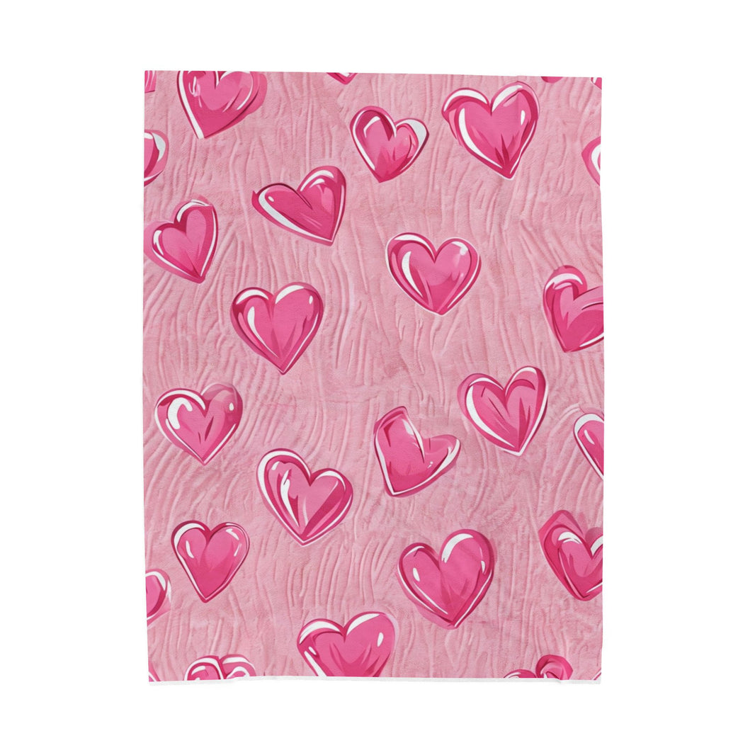 Velveteen Plush Blanket - Pink Hearts Cozy Throw, Warm Snuggle Quilt, Soft Fleece Bedspread, Comfy Bedding Cover, Lovely Valentine's Day
