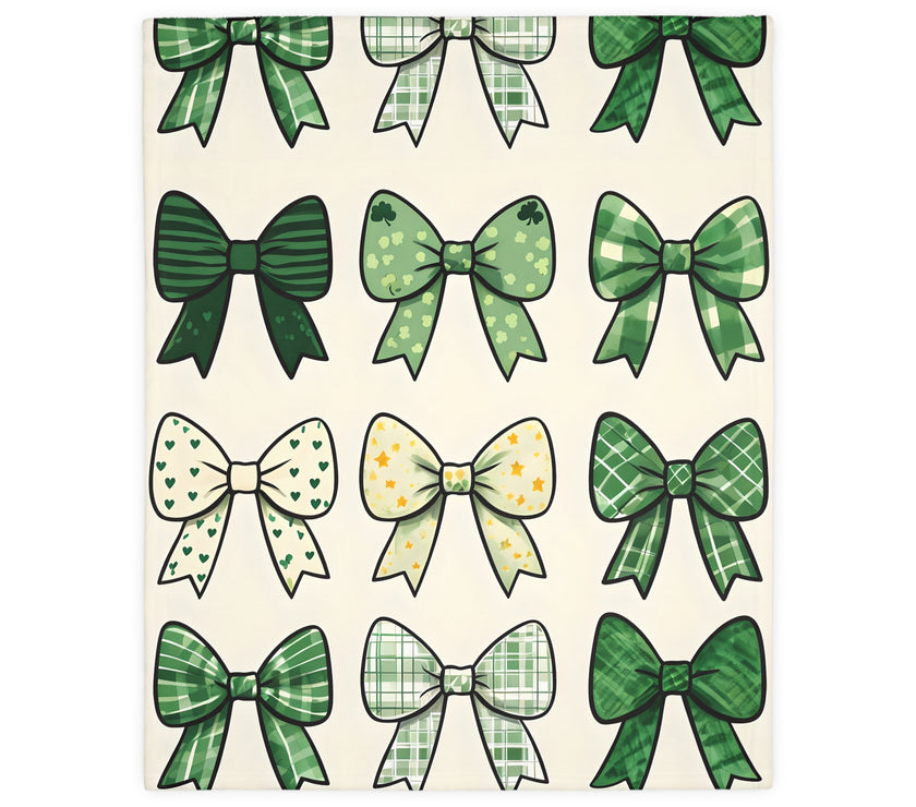 Velveteen Microfiber Blanket, Green Bow Blanket. Double-Sided Print, Soft Plush Throw for Cozy Nights, Christmas Blanket. Holiday Gift Idea,