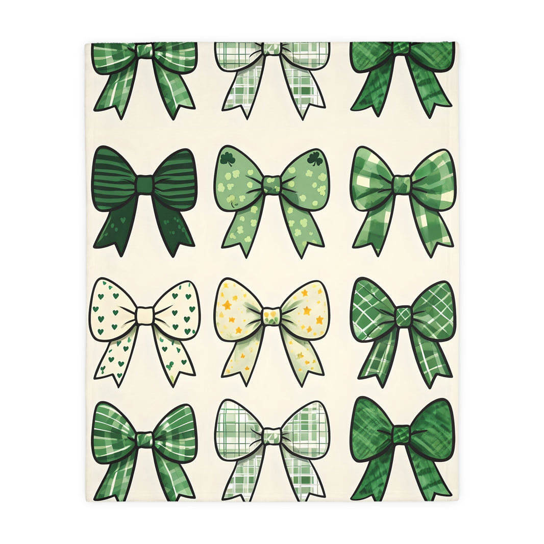 Velveteen Microfiber Blanket, Green Bow Blanket. Double-Sided Print, Soft Plush Throw for Cozy Nights, Christmas Blanket. Holiday Gift Idea,