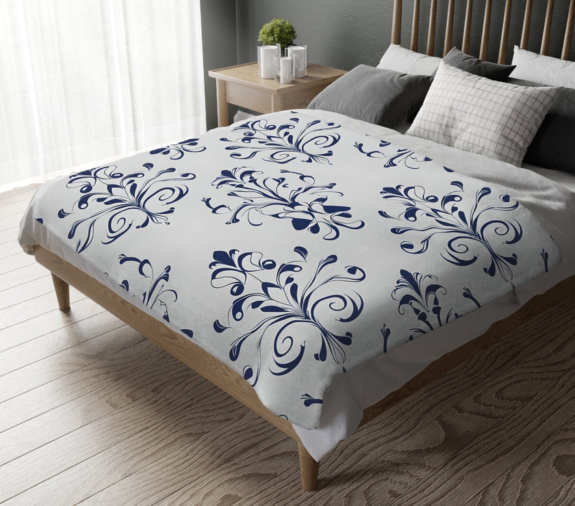 Velveteen Blanket, Blue Floral Print, Soft Throw for Home and Living Room Decor - Microfiber Reversible Couch Cover, Cozy Bedding, Floral