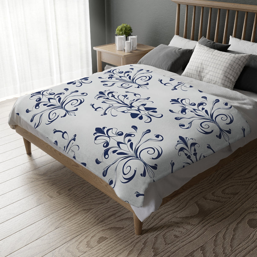 Velveteen Blanket, Blue Floral Print, Soft Throw for Home and Living Room Decor - Microfiber Reversible Couch Cover, Cozy Bedding, Floral