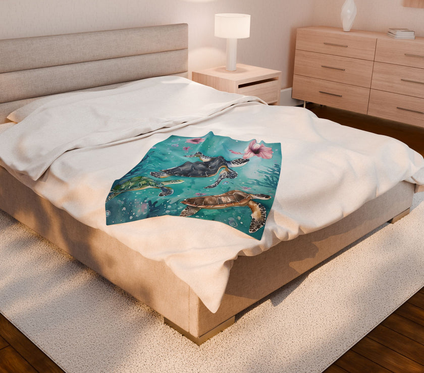 Velveteen Plush Blanket, Sea Turtle Kids Blanket, Kids Bedding, Ocean Themed Blanket, Children's Throw Blanket, Coastal Nursery Decor