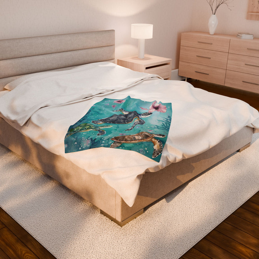 Velveteen Plush Blanket, Sea Turtle Kids Blanket, Kids Bedding, Ocean Themed Blanket, Children's Throw Blanket, Coastal Nursery Decor