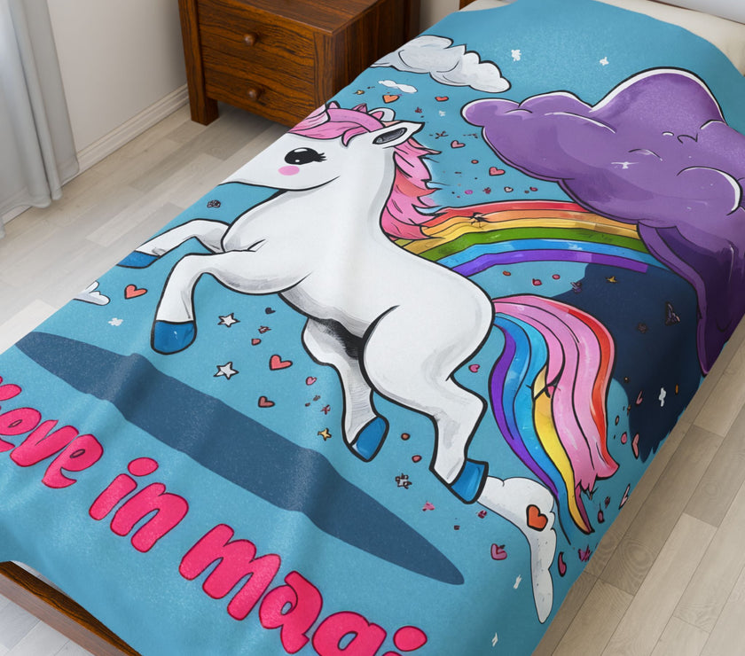Blue Rainbow Unicorn Velveteen Plush Blanket