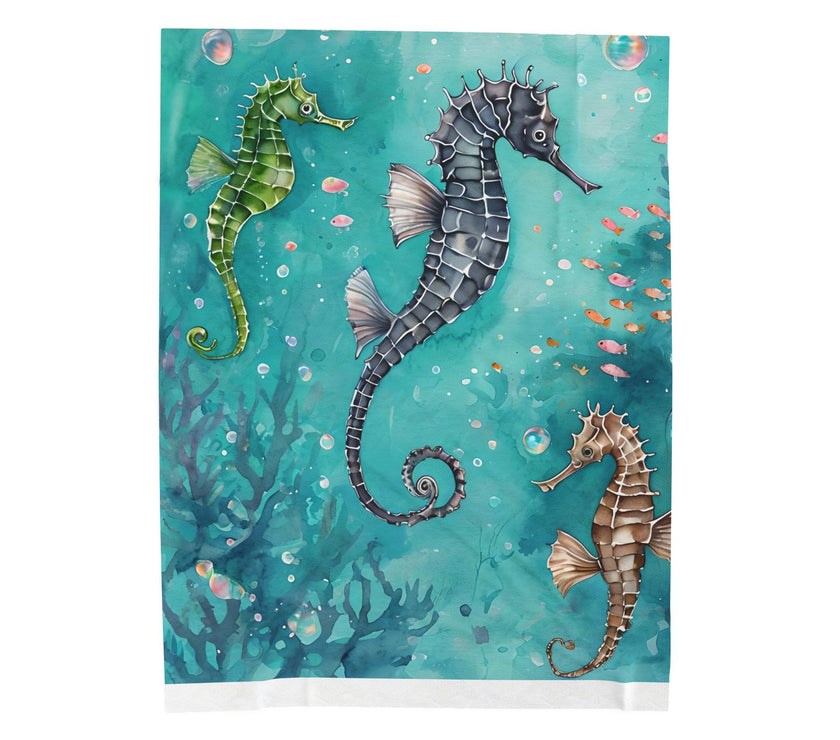 Velveteen Plush Blanket, Sea Horse Kids Blanket, Green Blue Blanket, Ocean Theme Throw, Children's Bedroom Decor, Cozy Nursery Bedding