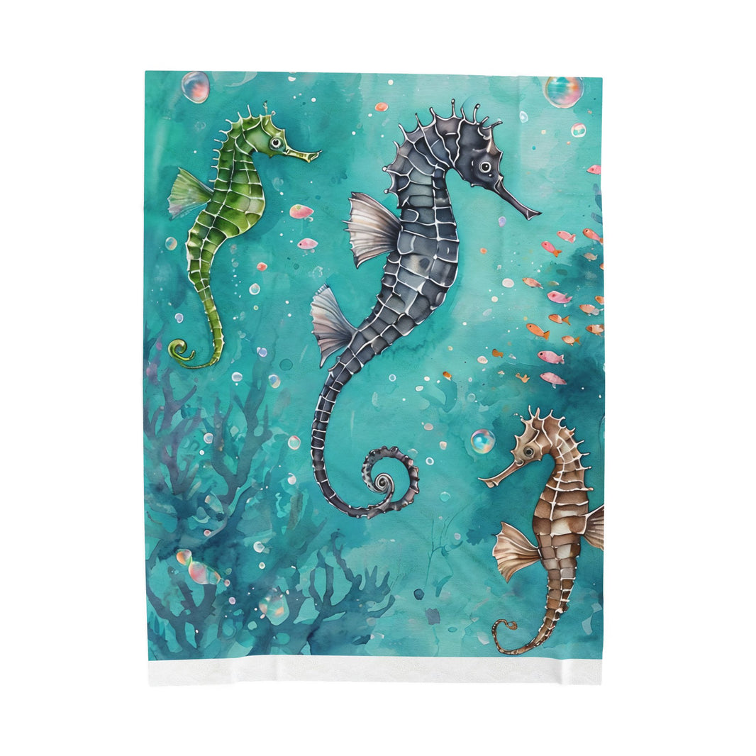 Velveteen Plush Blanket, Sea Horse Kids Blanket, Green Blue Blanket, Ocean Theme Throw, Children's Bedroom Decor, Cozy Nursery Bedding