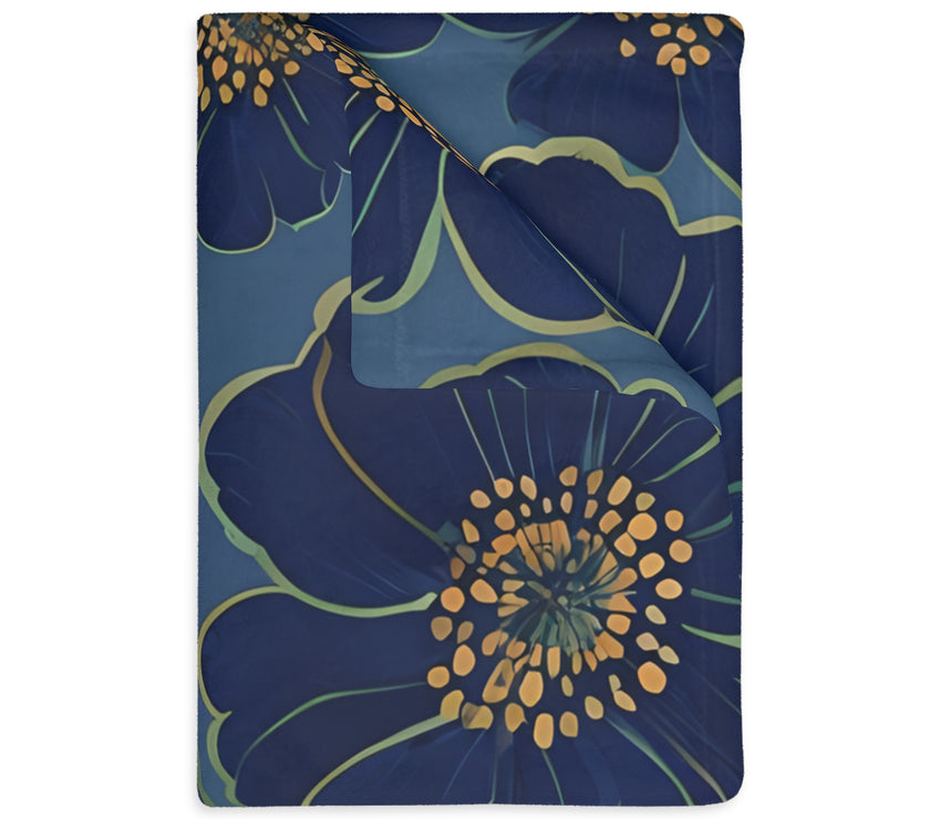 Blanket, Cozy Velveteen Microfiber Two-Sided Print Blue Floral Design - Throw, Bedding, Home Decor, Living Room Accent, Gift Idea
