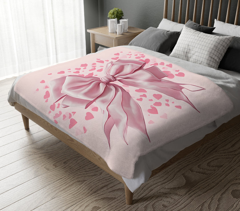 Pink Bow . Pink Heart Velveteen Microfiber Blanket (Two-sided print)