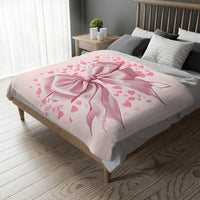 Pink Bow . Pink Heart Velveteen Microfiber Blanket (Two-sided print)