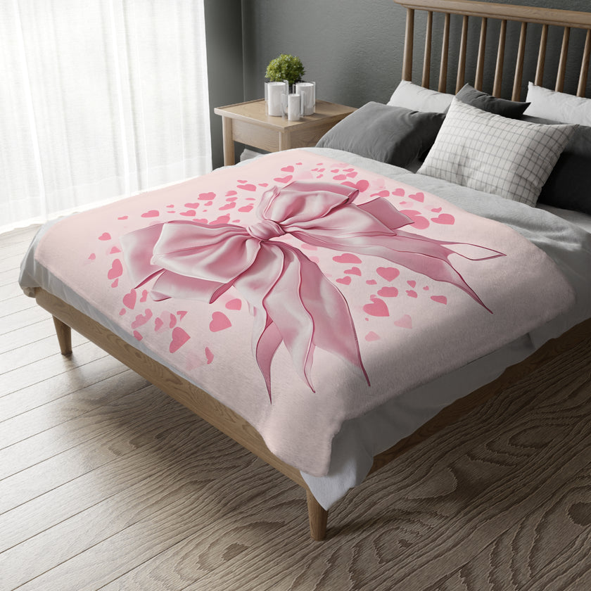Pink Bow . Pink Heart Velveteen Microfiber Blanket (Two-sided print)
