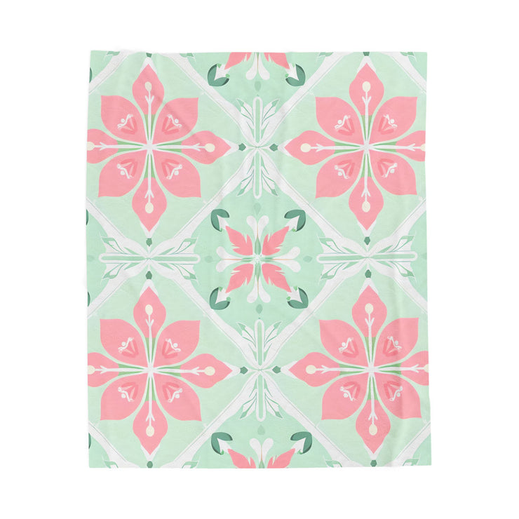 Velveteen Plush Blanket - Green Pink Floral Soft Throw, Cozy Bedding, Botanical Home Decor, Flower Print Lap Quilt, Floral Pattern Couch
