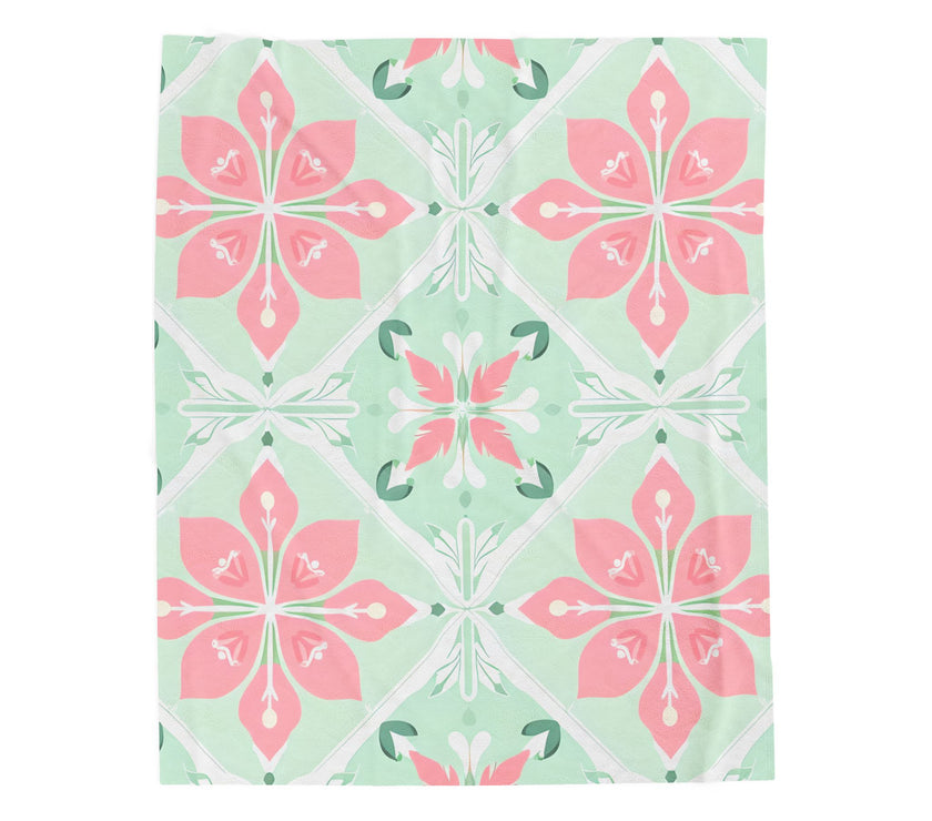 Velveteen Plush Blanket - Green Pink Floral Soft Throw, Cozy Bedding, Botanical Home Decor, Flower Print Lap Quilt, Floral Pattern Couch