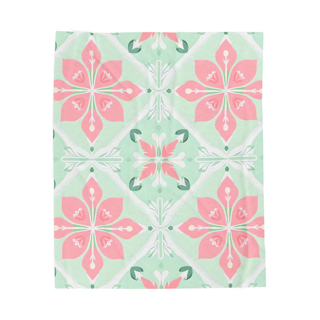 Velveteen Plush Blanket - Green Pink Floral Soft Throw, Cozy Bedding, Botanical Home Decor, Flower Print Lap Quilt, Floral Pattern Couch
