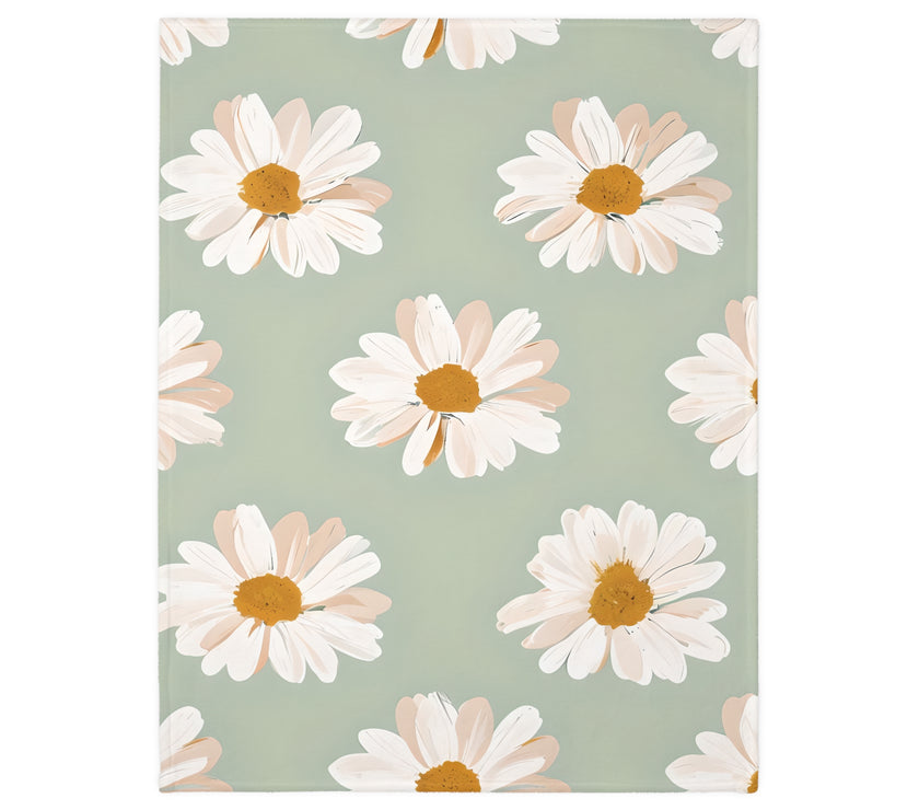 Velveteen Microfiber Blanket, White Daisies on Green - Floral Throw, Botanical Home Decor, Cozy Bedding, Gift for Nature Lovers, Double