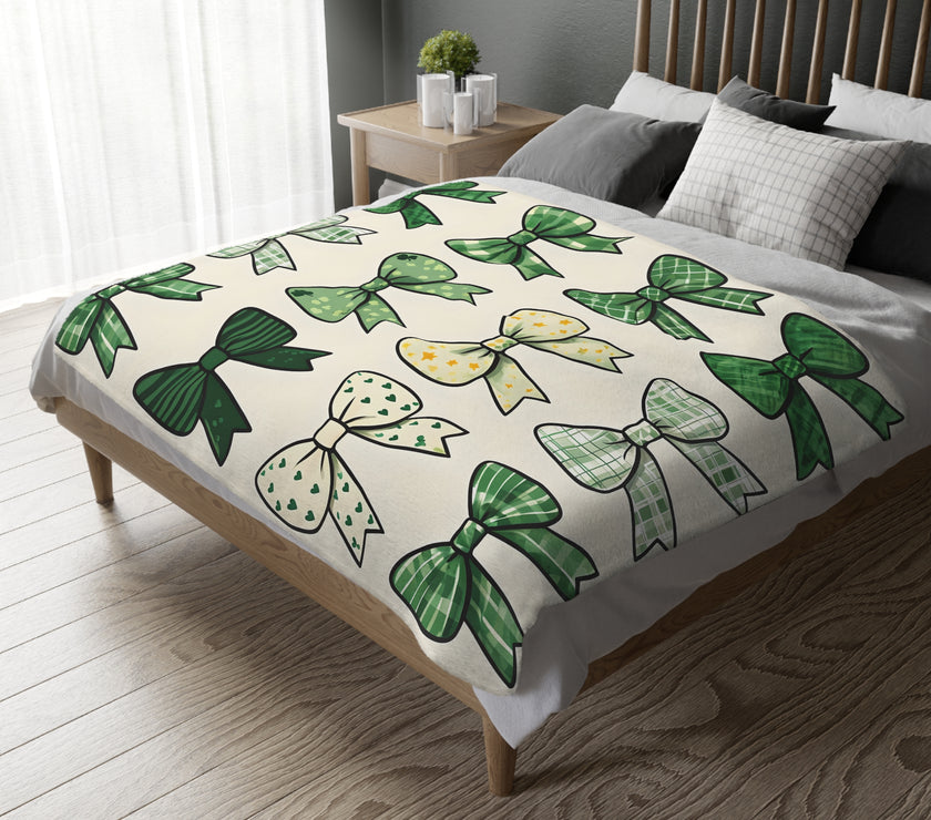 Velveteen Microfiber Blanket, Green Bow Blanket. Double-Sided Print, Soft Plush Throw for Cozy Nights, Christmas Blanket. Holiday Gift Idea,