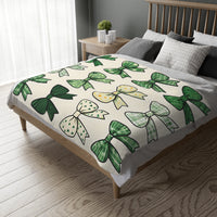 Velveteen Microfiber Blanket, Green Bow Blanket. Double-Sided Print, Soft Plush Throw for Cozy Nights, Christmas Blanket. Holiday Gift Idea,