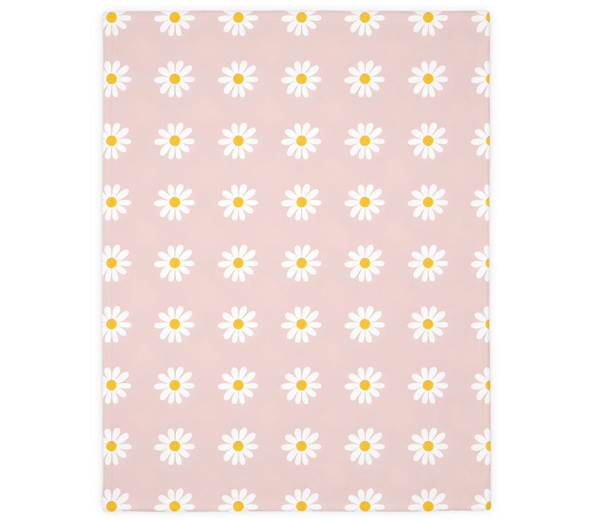 Velveteen Microfiber Blanket, White Daises on Pink Floral Throw, Soft Fleece Bedding, Cozy Couch Decoration, Home Decor Gift, Lightweight