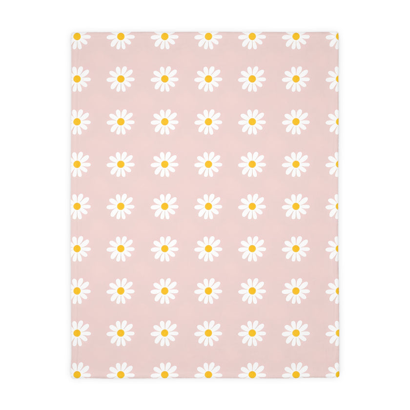 Velveteen Microfiber Blanket, White Daises on Pink Floral Throw, Soft Fleece Bedding, Cozy Couch Decoration, Home Decor Gift, Lightweight