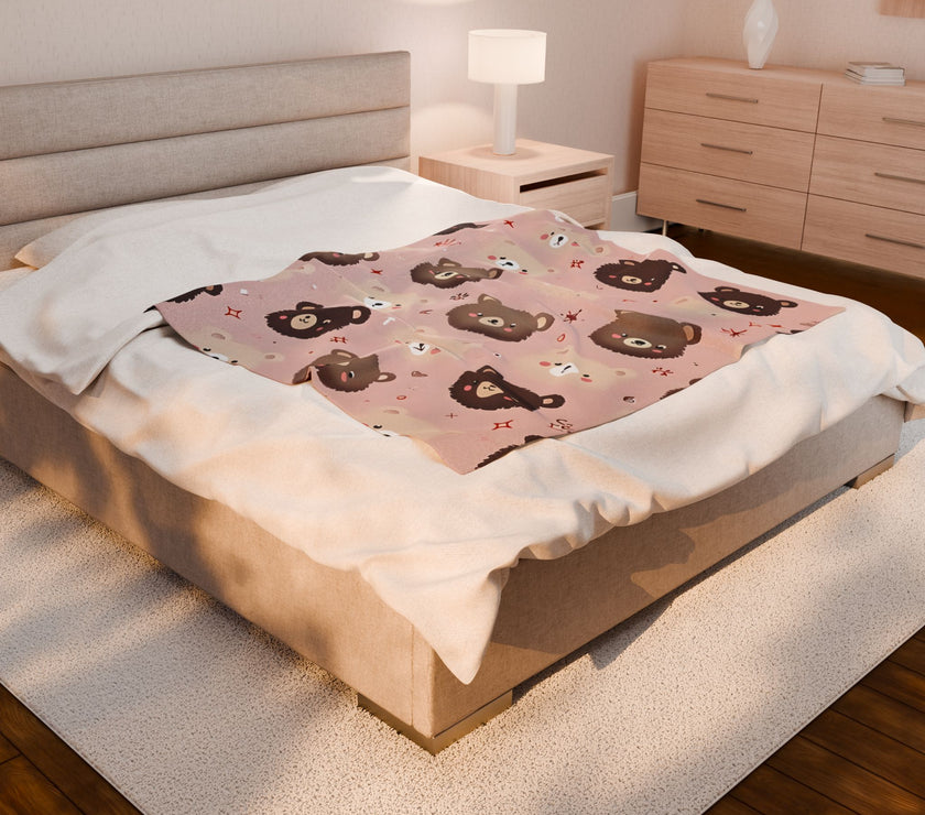 Kids Velveteen Plush Blanket, Pink Teddy Bear Soft Throw for Girls, Children's Gift, Nursery Decor, Cozy Bedding, Baby Shower Present