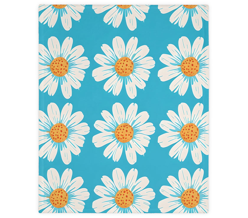 Velveteen Microfiber Blanket, White Daises on Blue Blanket, Floral Throw Blanket, Cozy Couch Blanket, Gift for Her, Home Decor Accent