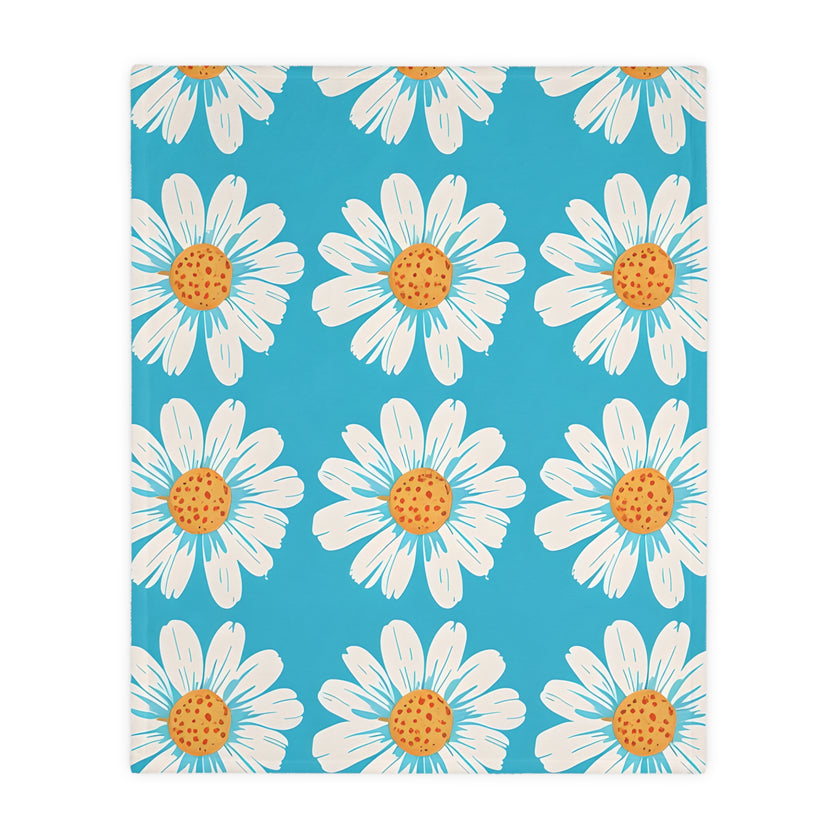 Velveteen Microfiber Blanket, White Daises on Blue Blanket, Floral Throw Blanket, Cozy Couch Blanket, Gift for Her, Home Decor Accent