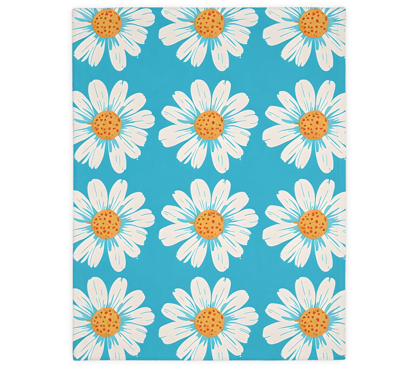 Velveteen Microfiber Blanket, White Daises on Blue Blanket, Floral Throw Blanket, Cozy Couch Blanket, Gift for Her, Home Decor Accent
