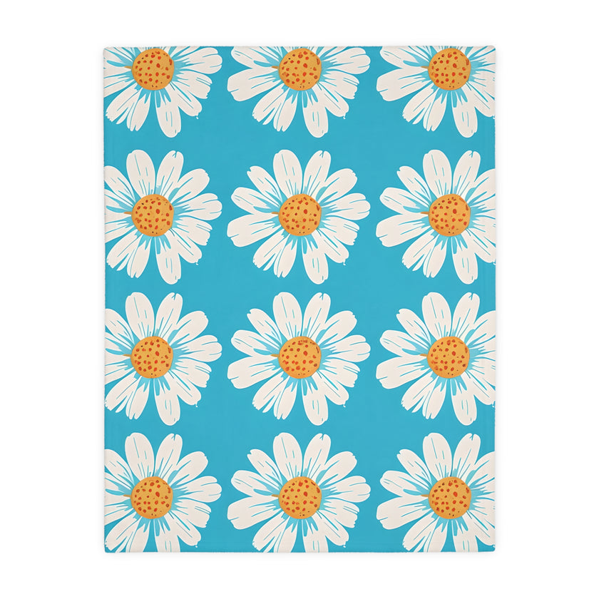 Velveteen Microfiber Blanket, White Daises on Blue Blanket, Floral Throw Blanket, Cozy Couch Blanket, Gift for Her, Home Decor Accent