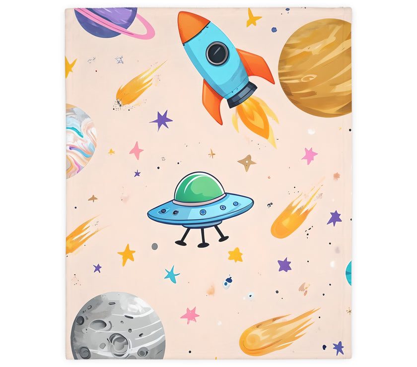 Kids Outer Space Spaceship Rocket Planet Velveteen Microfiber Blanket, Two-sided Print, Children's Bedroom Decor, Boys Girls Gift, Nursery