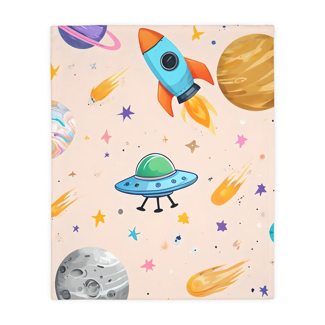 Kids Outer Space Spaceship Rocket Planet Velveteen Microfiber Blanket, Two-sided Print, Children's Bedroom Decor, Boys Girls Gift, Nursery