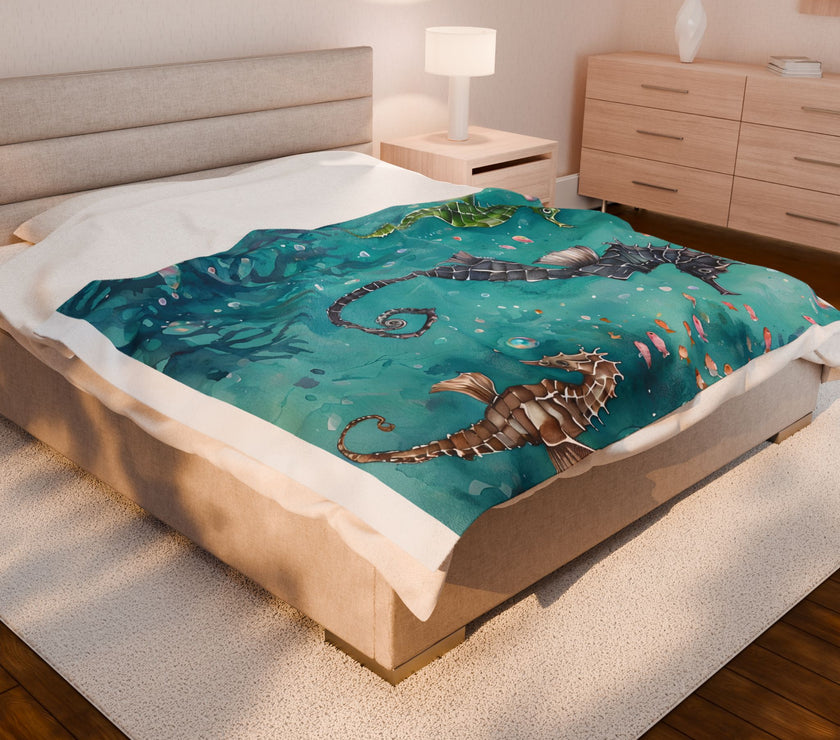 Velveteen Plush Blanket, Sea Horse Kids Blanket, Green Blue Blanket, Ocean Theme Throw, Children's Bedroom Decor, Cozy Nursery Bedding