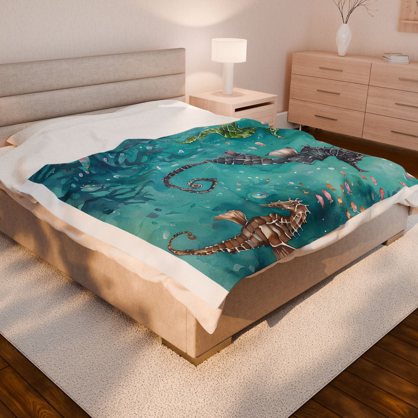 Velveteen Plush Blanket, Sea Horse Kids Blanket, Green Blue Blanket, Ocean Theme Throw, Children's Bedroom Decor, Cozy Nursery Bedding
