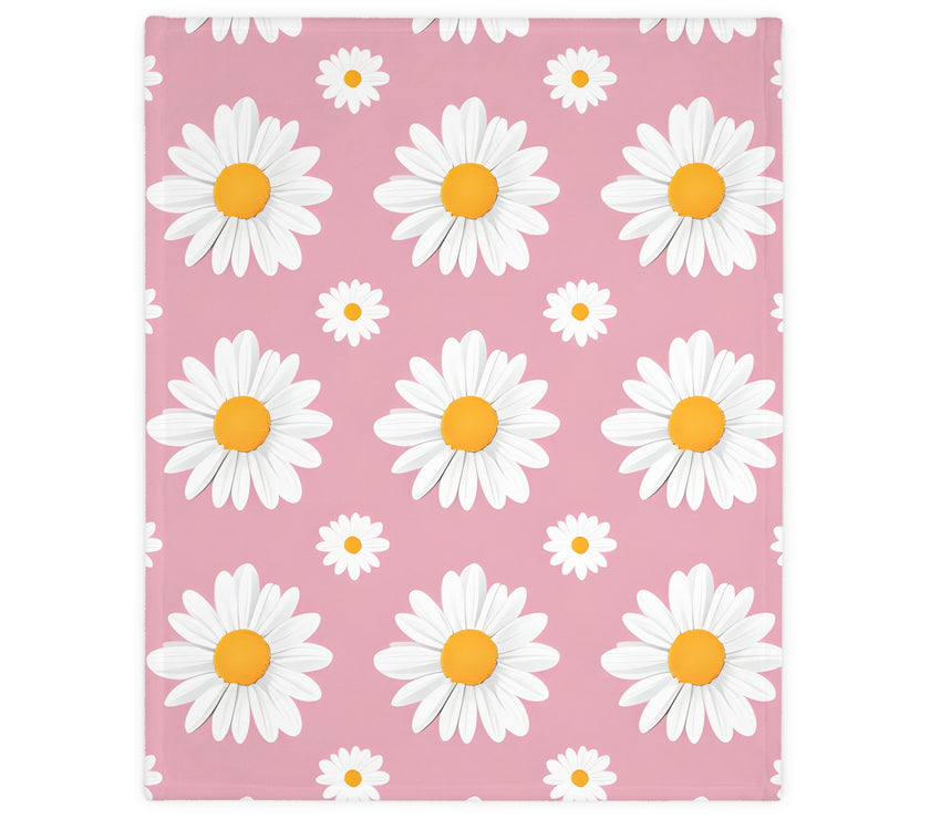 Pink White Daisey Velveteen Microfiber Blanket (Two-sided print)