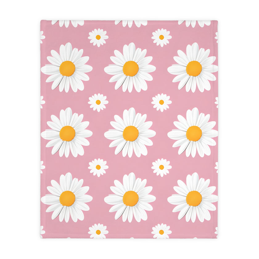 Pink White Daisey Velveteen Microfiber Blanket (Two-sided print)