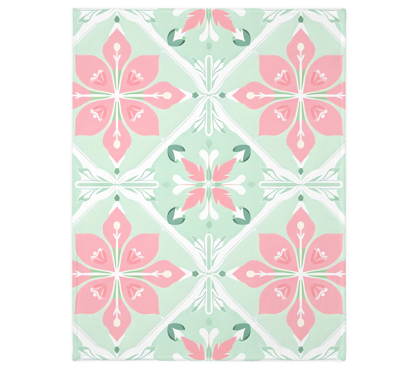 Green Pink Floral Velveteen Microfiber Blanket (Two-sided print)