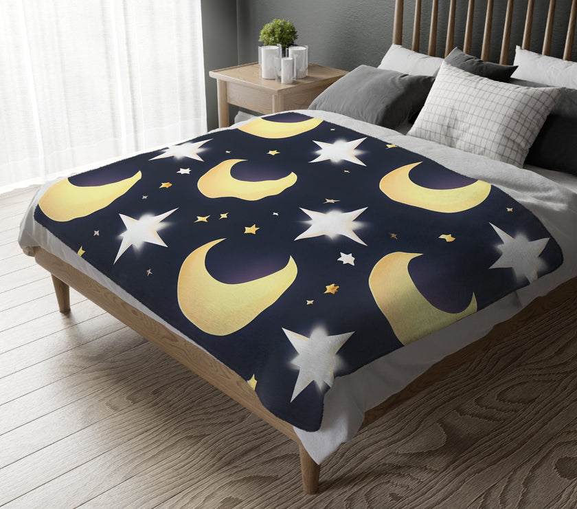 Blanket, Gold Moon and Stars Print, Soft Velveteen Microfiber Throw, Celestial Home Decor, Cozy Bedroom Accent, Night Sky Galaxy Design,