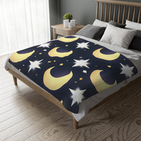 Blanket, Gold Moon and Stars Print, Soft Velveteen Microfiber Throw, Celestial Home Decor, Cozy Bedroom Accent, Night Sky Galaxy Design,