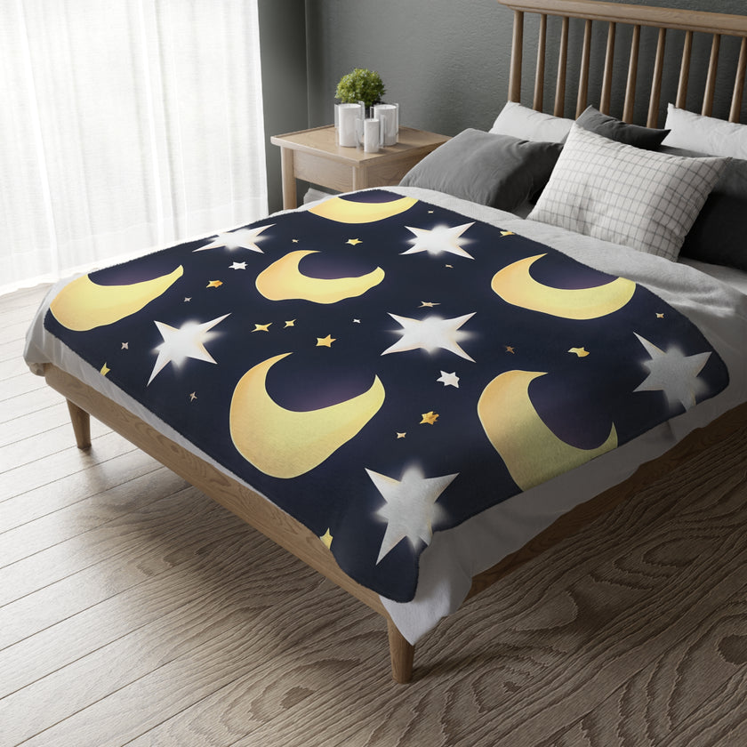 Blanket, Gold Moon and Stars Print, Soft Velveteen Microfiber Throw, Celestial Home Decor, Cozy Bedroom Accent, Night Sky Galaxy Design,