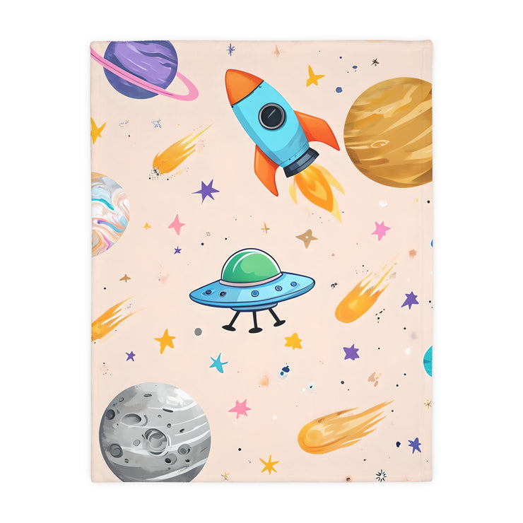 Kids Outer Space Spaceship Rocket Planet Velveteen Microfiber Blanket, Two-sided Print, Children's Bedroom Decor, Boys Girls Gift, Nursery