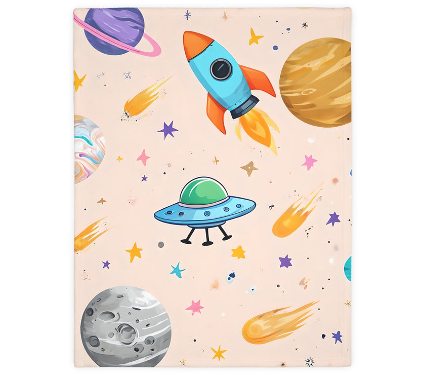 Kids Outer Space Spaceship Rocket Planet Velveteen Microfiber Blanket, Two-sided Print, Children's Bedroom Decor, Boys Girls Gift, Nursery