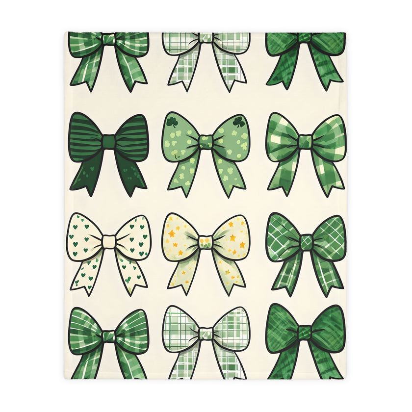 Velveteen Microfiber Blanket, Green Bow Blanket. Double-Sided Print, Soft Plush Throw for Cozy Nights, Christmas Blanket. Holiday Gift Idea,
