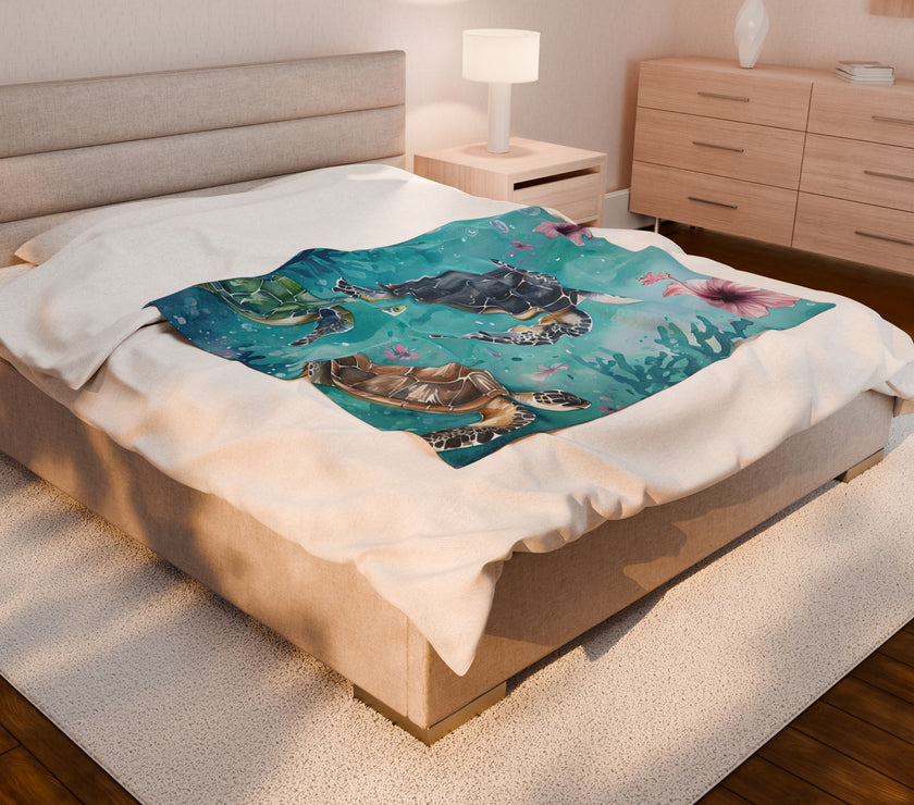 Velveteen Plush Blanket, Sea Turtle Kids Blanket, Kids Bedding, Ocean Themed Blanket, Children's Throw Blanket, Coastal Nursery Decor