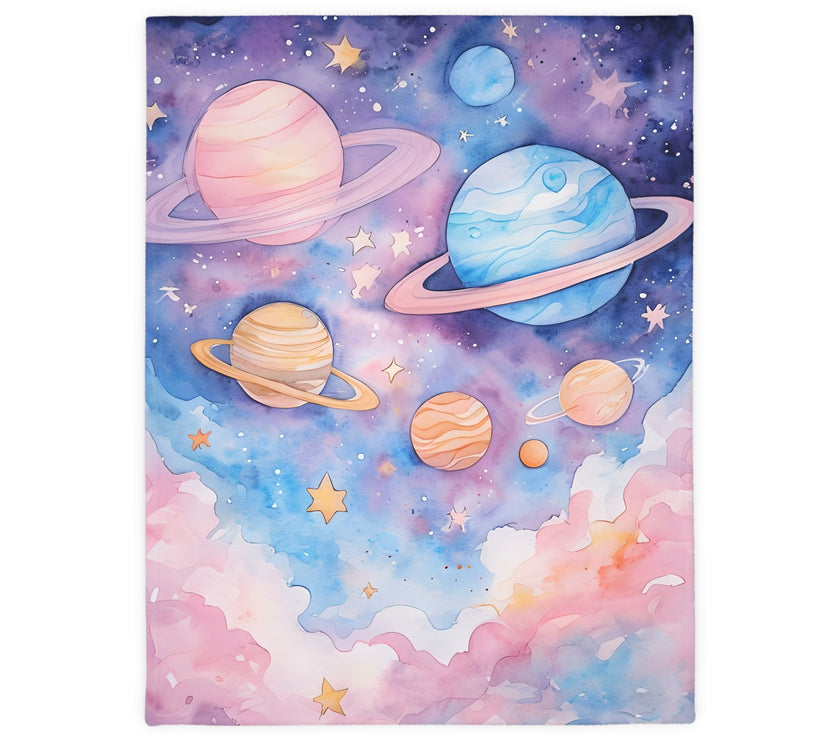Kids Blanket, Velveteen Microfiber Blanket with Planet Moon and Stars Design - Two-sided Print, Children's Throw, Outer Space Bedding,