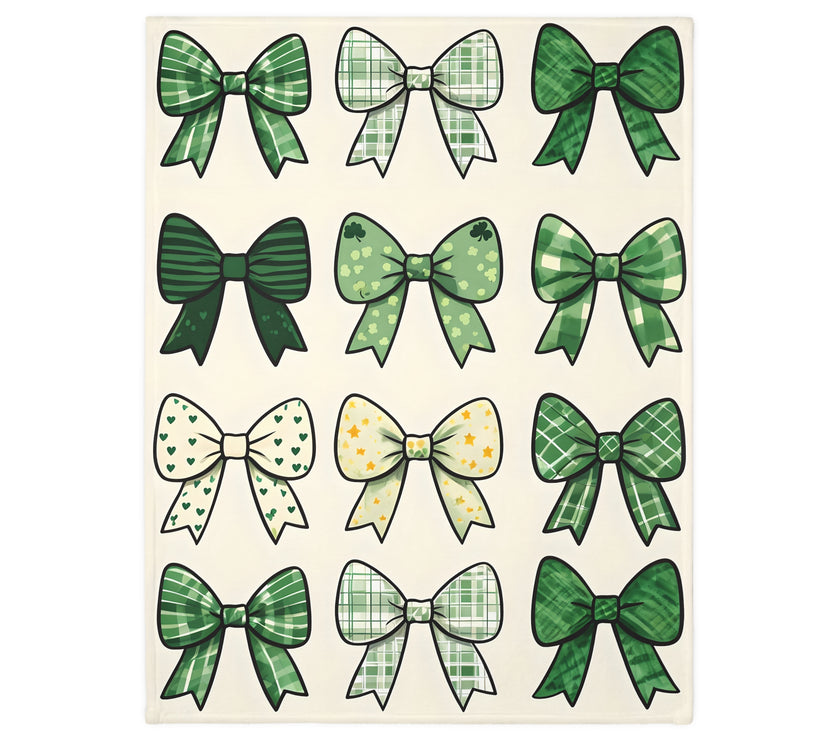 Velveteen Microfiber Blanket, Green Bow Blanket. Double-Sided Print, Soft Plush Throw for Cozy Nights, Christmas Blanket. Holiday Gift Idea,