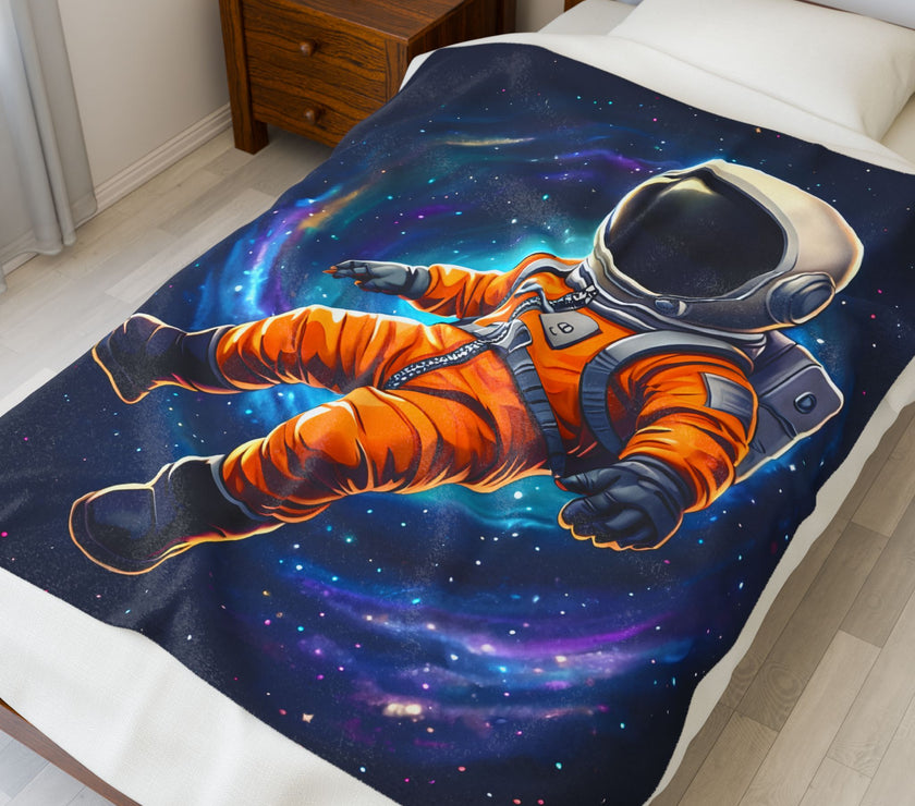 Space Astronaut Velveteen Plush Blanket - Galaxy Nebula Universe Stars, Outer Space Throw, Celestial Bedroom Decor, Gift for Space