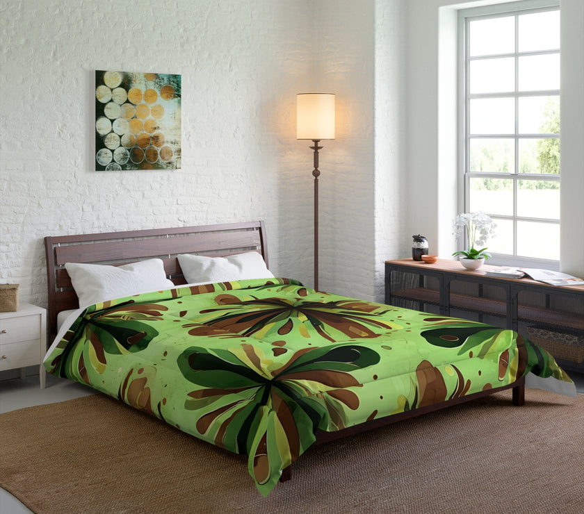 Eco-Friendly Floral Comforter, Nature-Inspired Bedding, Cozy Home Decor, Gift for Plant Lovers, Green and Brown Design